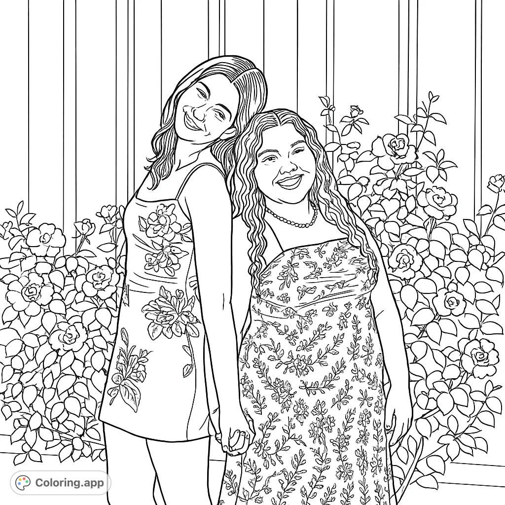 Two friends smiling, standing back-to-back amidst a vibrant floral bush. Detailed dresses and happy expressions offer a delightful coloring experience.