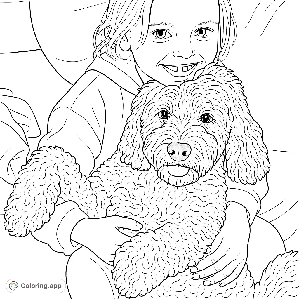 A heartwarming coloring page featuring a child tenderly hugging their fluffy dog on a comfy sofa. Celebrate friendship and companionship with this sweet design.