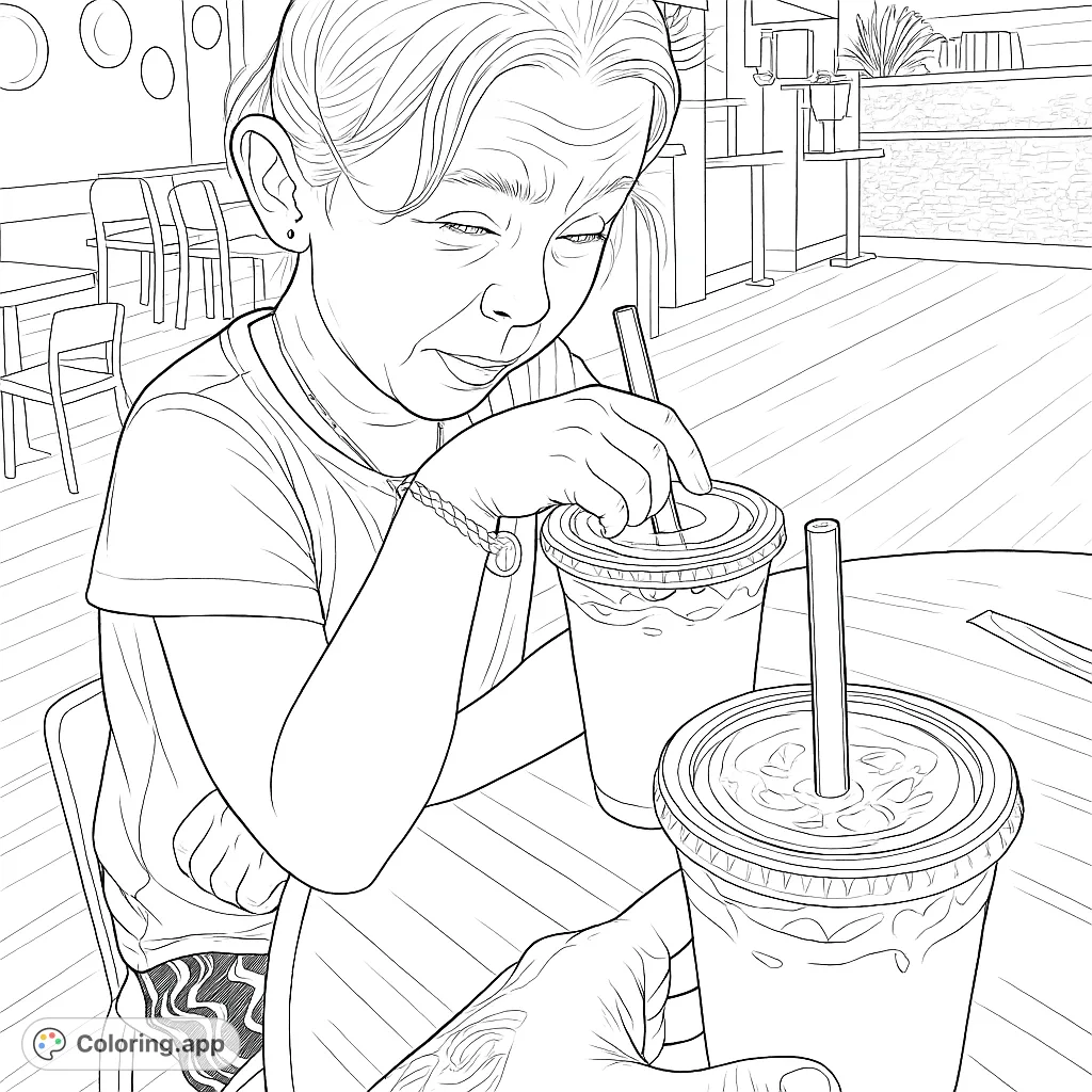 A young girl with a whimsical expression enjoys a refreshing drink at a cafe, next to another beverage. This realistic cafe scene offers a fun coloring experience!