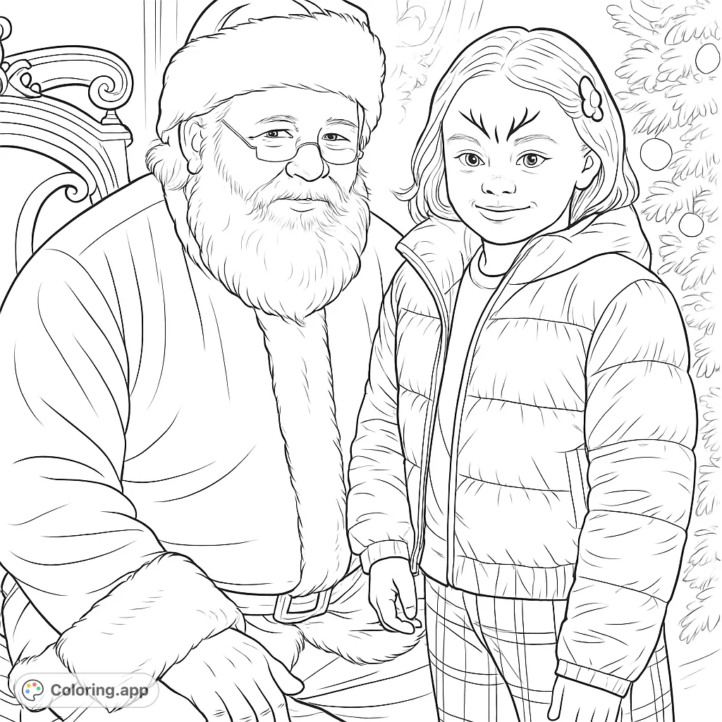 A festive scene featuring a traditional jolly figure with a long beard and a young child with reindeer facial markings, ready for holiday coloring fun.