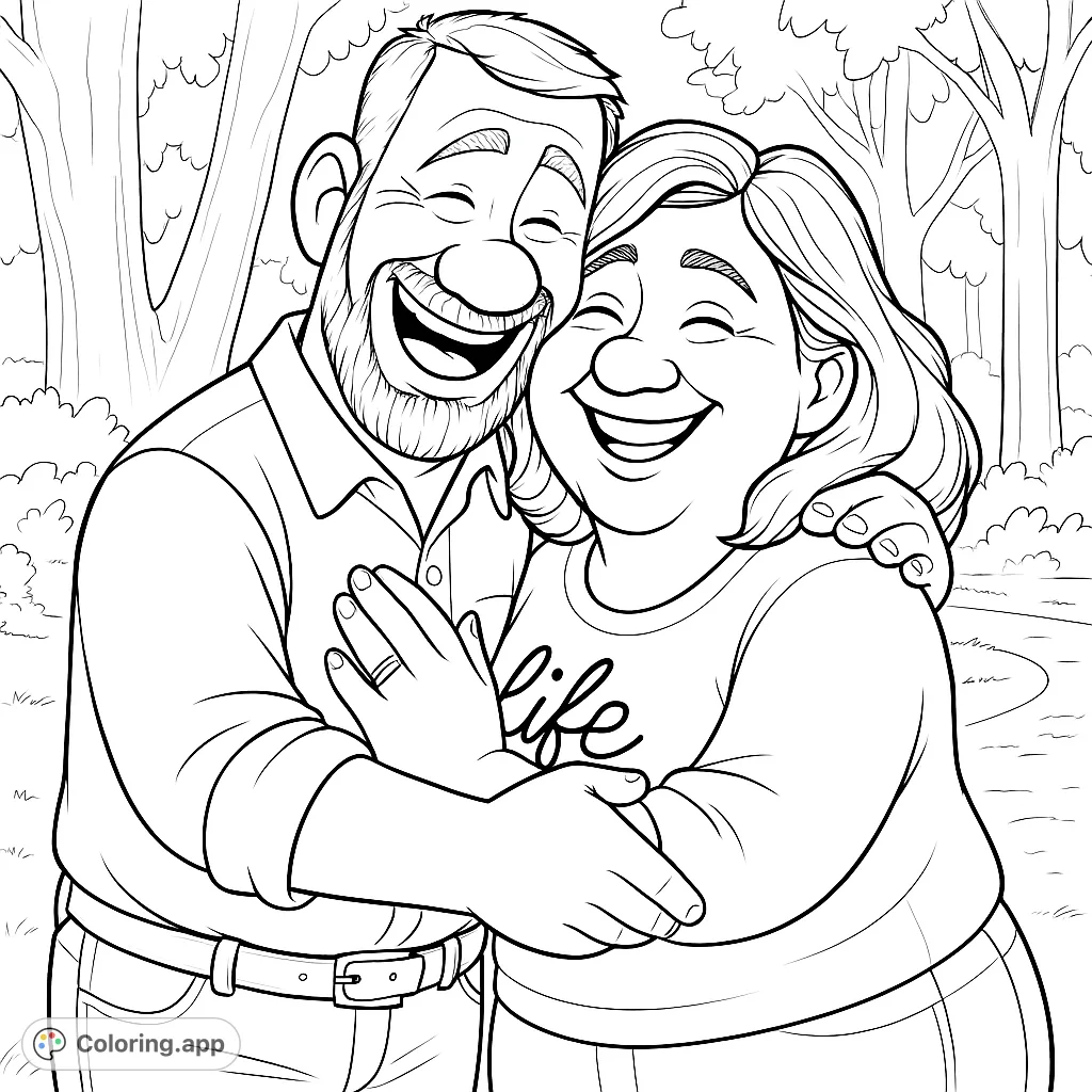 A heartwarming scene of a happy couple embracing in a park. Features joyful expressions and detailed clothing, perfect for celebrating connection and affection.
