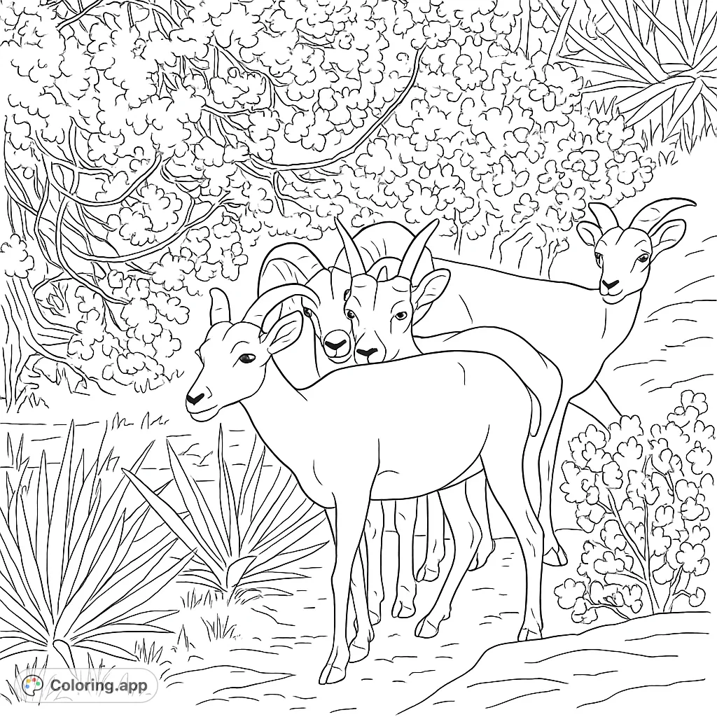 Explore the rugged beauty of bighorn sheep gathered in their natural desert habitat. A detailed wildlife scene perfect for nature enthusiasts.