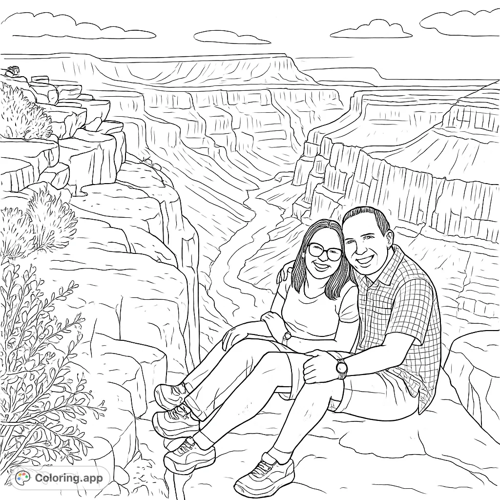 Capture a moment of scenic wonder with this grand canyon coloring page. A couple sits overlooking vast rock formations, a winding river, and a layered landscape.