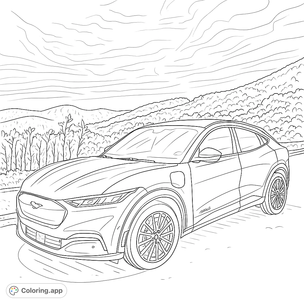 Color a dynamic electric SUV parked on a mountain road with detailed foliage and a dramatic sky. Perfect for car enthusiasts and nature lovers.