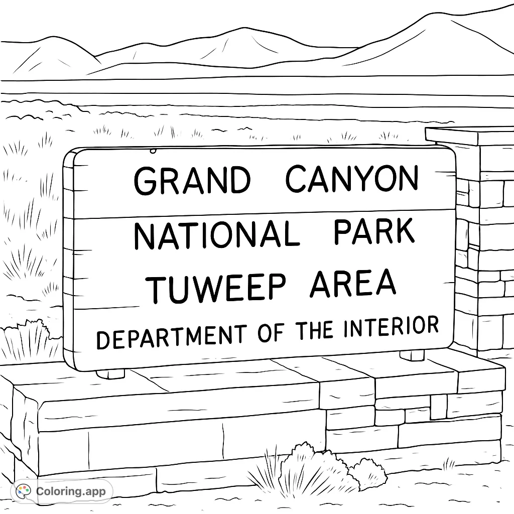 Explore the Grand Canyon Tuweep Area with this detailed coloring page featuring the iconic welcome sign, expansive landscape, and distant mountains. A free printable coloring page.