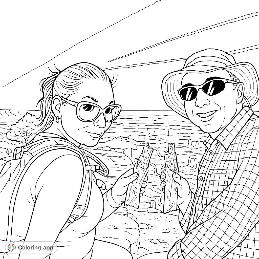 Capture the joy of a hiking break with two adventurers enjoying snacks amidst a vast, scenic canyon landscape. A perfect blend of outdoor relaxation and breathtaking views.