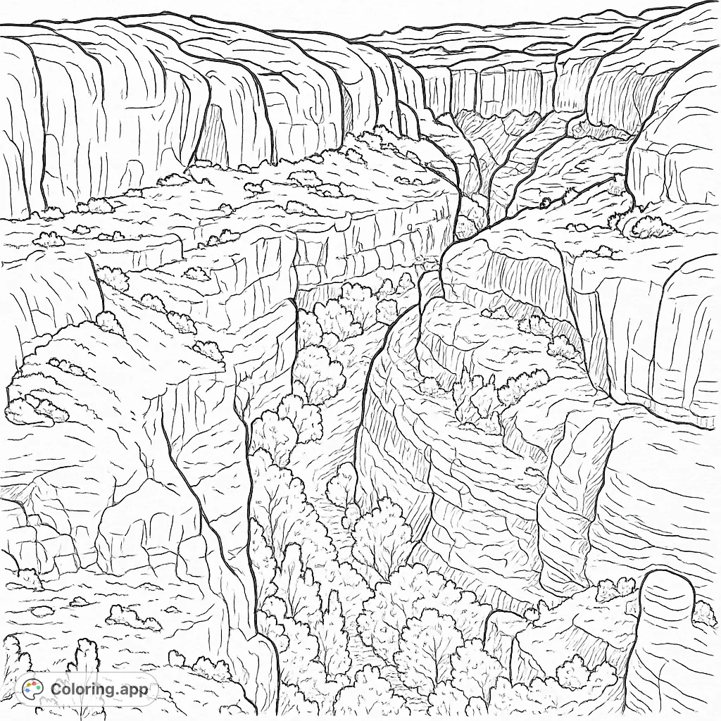 Explore a stunning canyon coloring page, featuring majestic rock formations and abundant vegetation along a winding floor. Perfect for nature lovers.