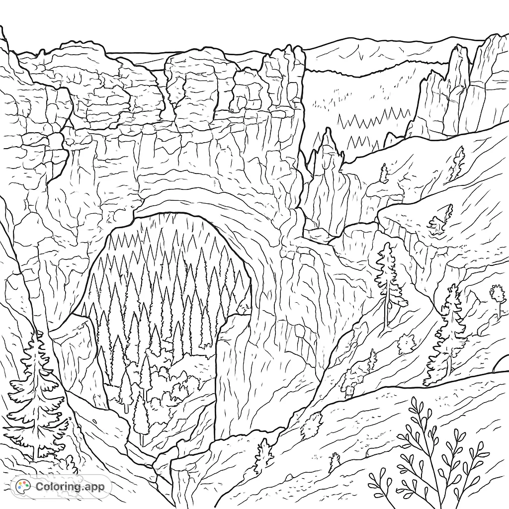 Discover a majestic natural arch spanning a dense forest valley, surrounded by intricate rock formations and distant mountains, perfect for a challenging nature coloring page.