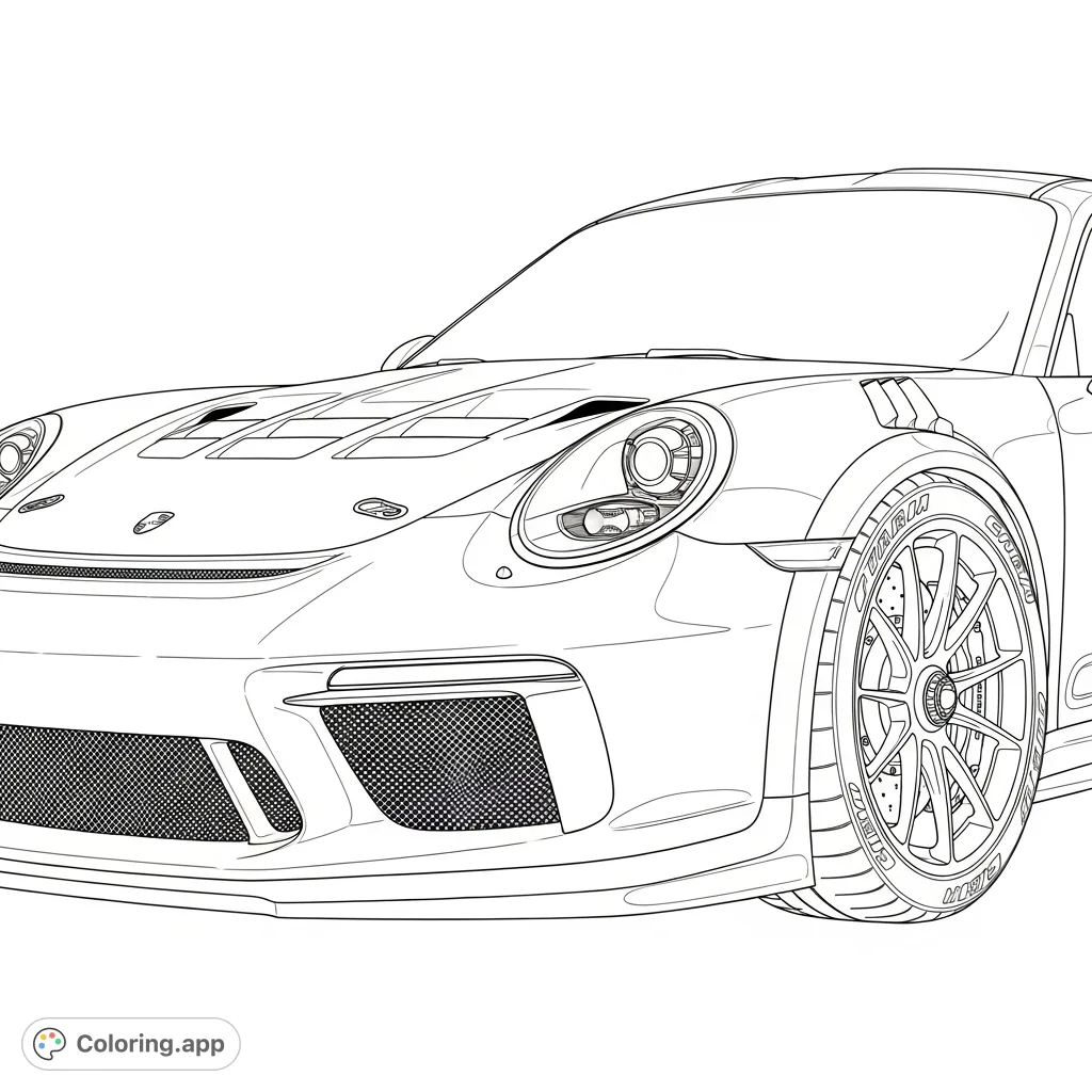 Unleash your creativity with this detailed 911 GT3 RS Cup Car coloring page. Features intricate headlights, aerodynamic bodywork, and elaborate wheels.