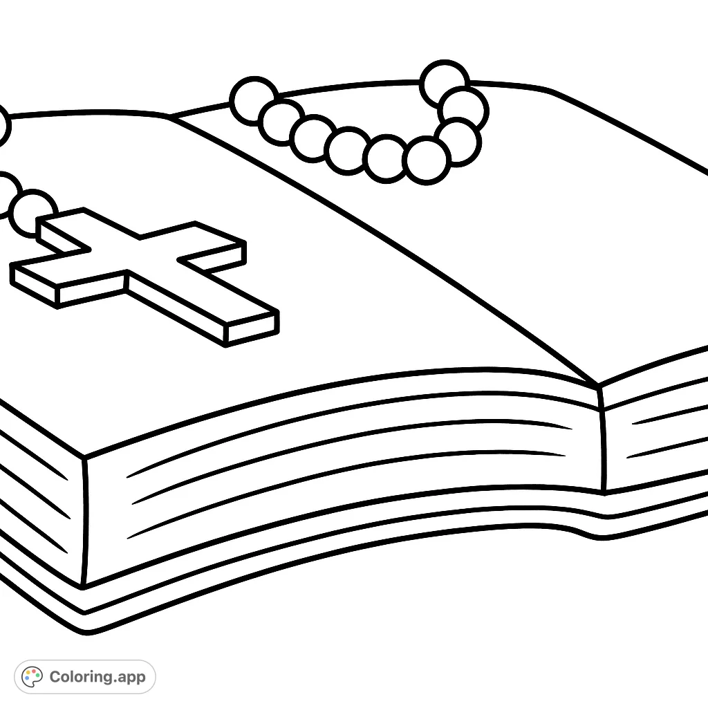 Explore faith and reflection with this religious coloring page featuring an open book, a cross, and a rosary. A peaceful scene for thoughtful coloring.