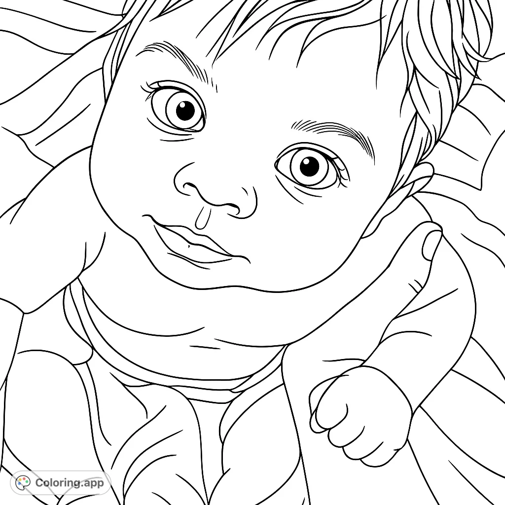 A heartwarming baby portrait featuring an infant with expressive eyes and a gentle smile, cradled by a loving hand. A tender moment perfect for coloring.