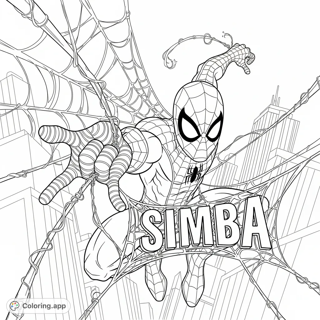 Swing into action with this Spider-Man coloring page! Features dynamic webs, a towering cityscape, and the unique addition of "Simba" within a web.