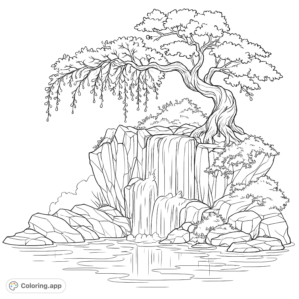 Immerse yourself in a serene landscape featuring a majestic tree with delicate blossoms cascading over a multi-tiered waterfall, emptying into a tranquil pond. A relaxing nature scene.