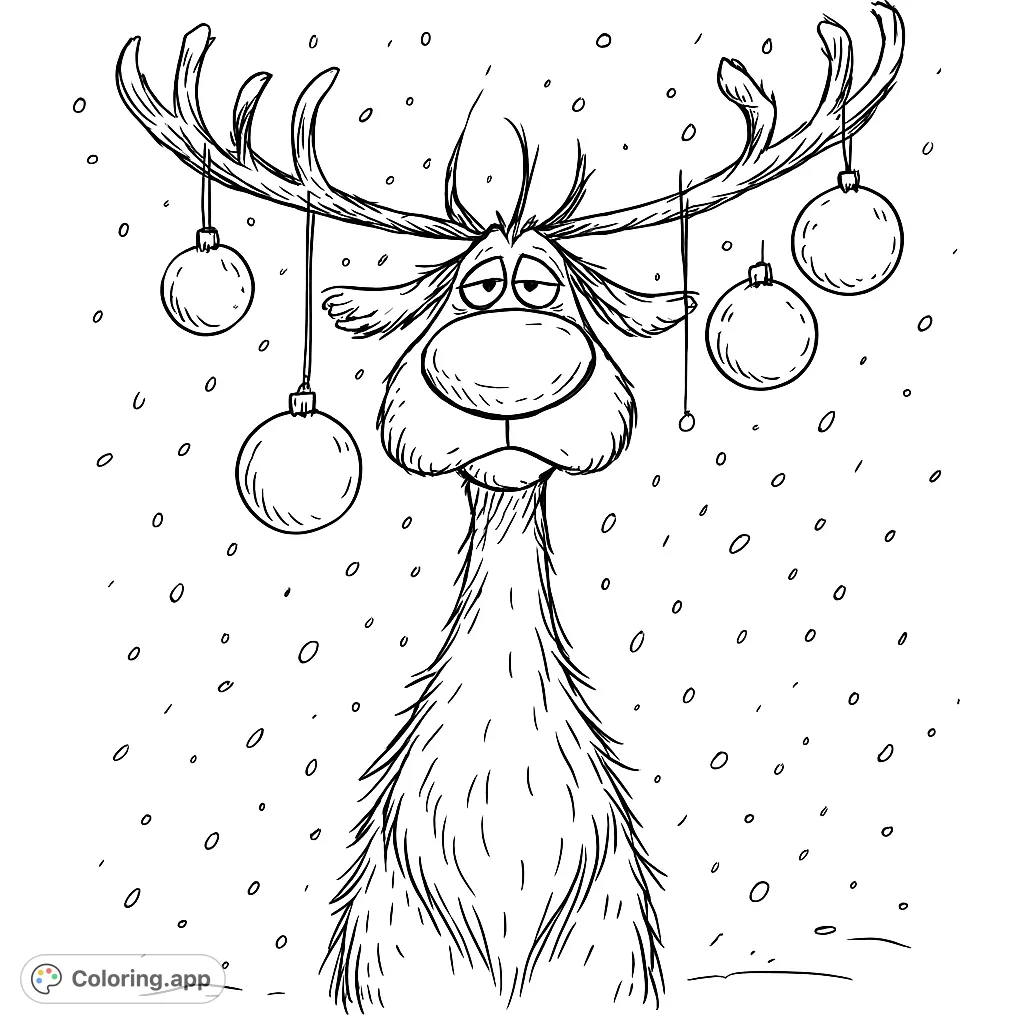 A delightful reindeer adorned with festive ornaments and snowflakes. Perfect for seasonal cheer and creative fun! A free printable Christmas coloring page for kids and adults.