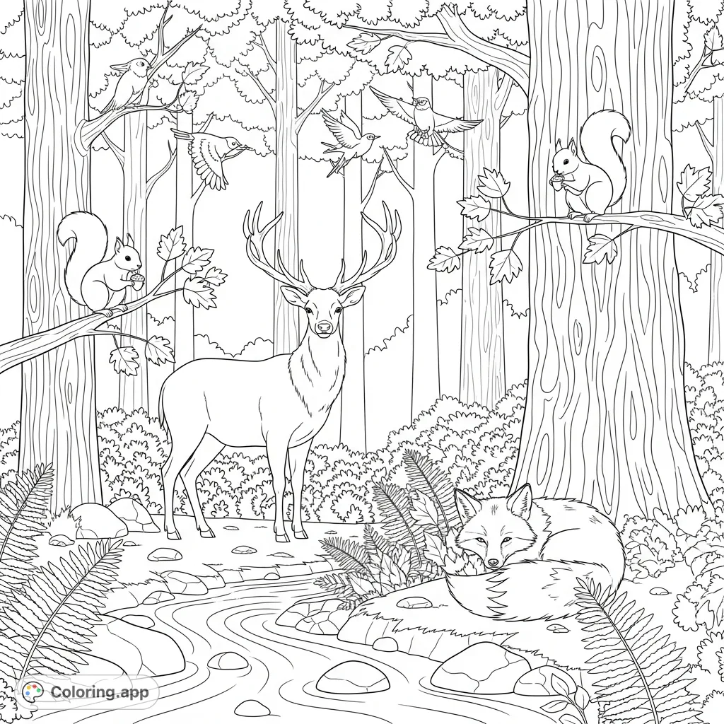 Discover a serene forest scene featuring a majestic stag, a playful fox, and busy squirrels. Perfect for a nature-themed coloring page adventure.