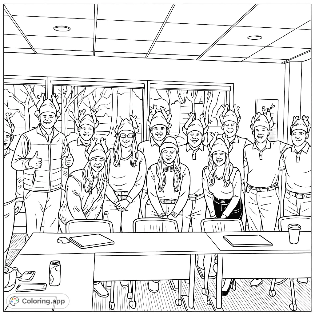 A festive office group, all sporting whimsical roasted fowl hats, poses together in a conference room. Capture the fun spirit with your favorite hues!