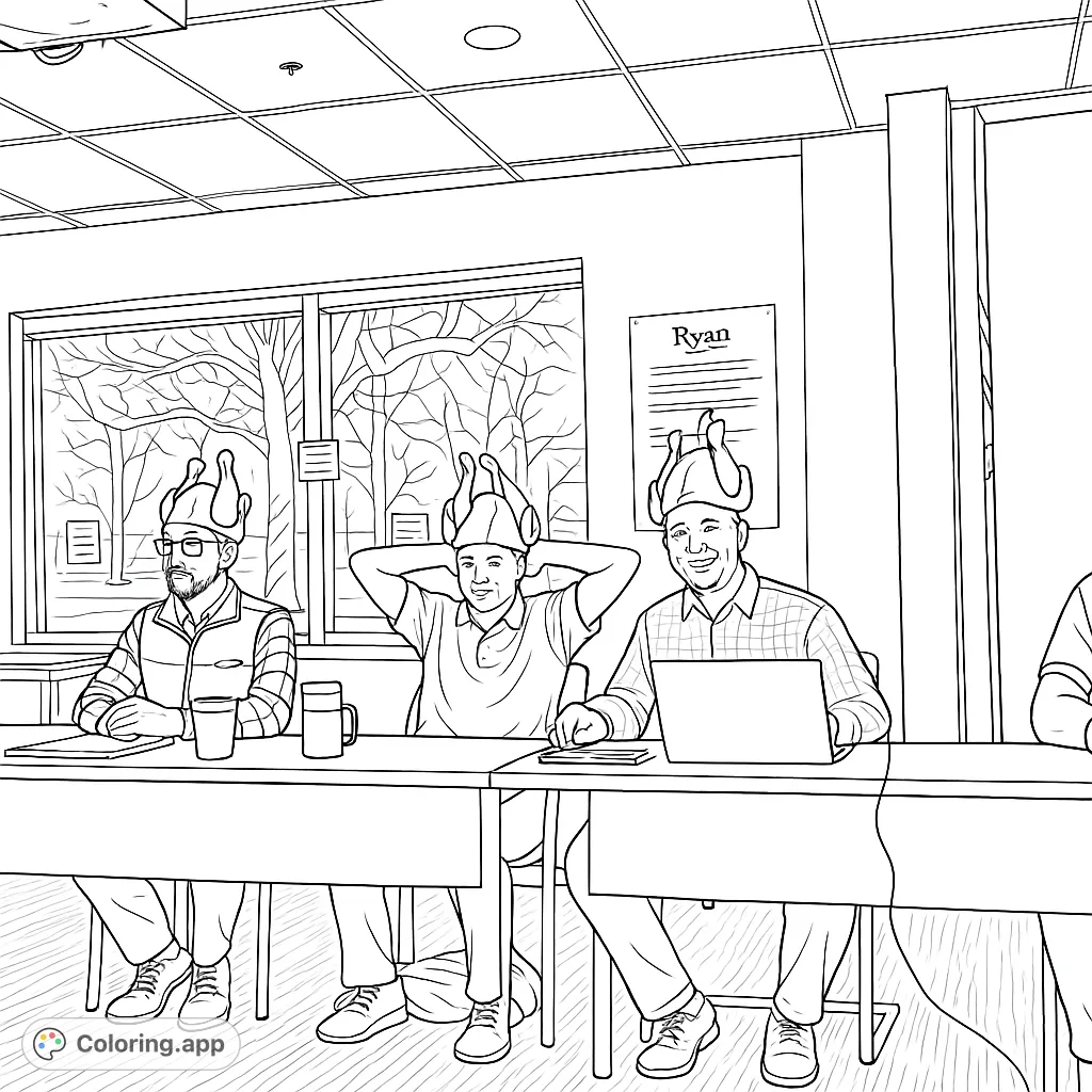 A humorous scene featuring three men in a meeting, each wearing a fun turkey hat, perfect for a festive coloring page or a lighthearted activity.