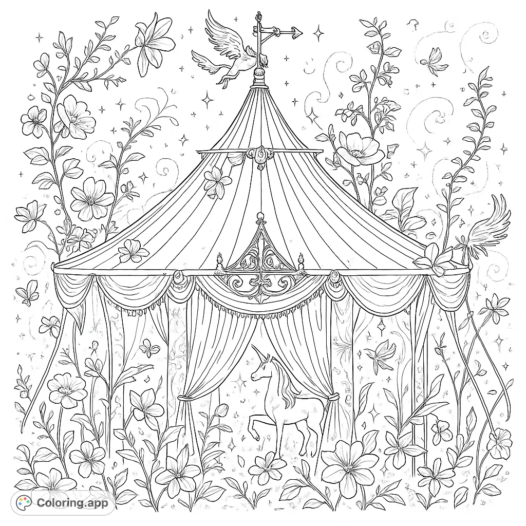 Step into a fantastical world with this enchanting circus tent surrounded by intricate floral designs. A highly detailed page for a magical coloring experience.