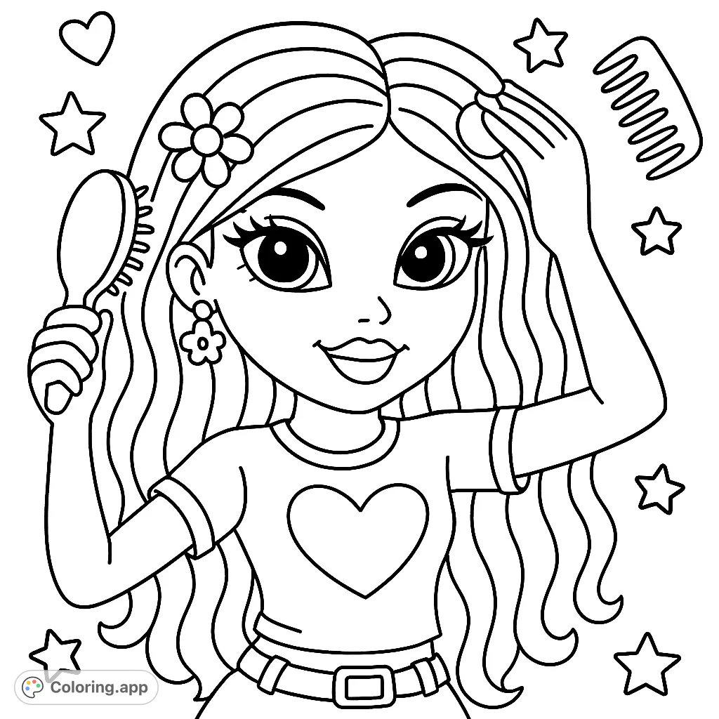 Dive into hair styling fun! This cartoon girl with flowing locks and charming accessories, brushing her hair, offers a delightful coloring experience for young artists.