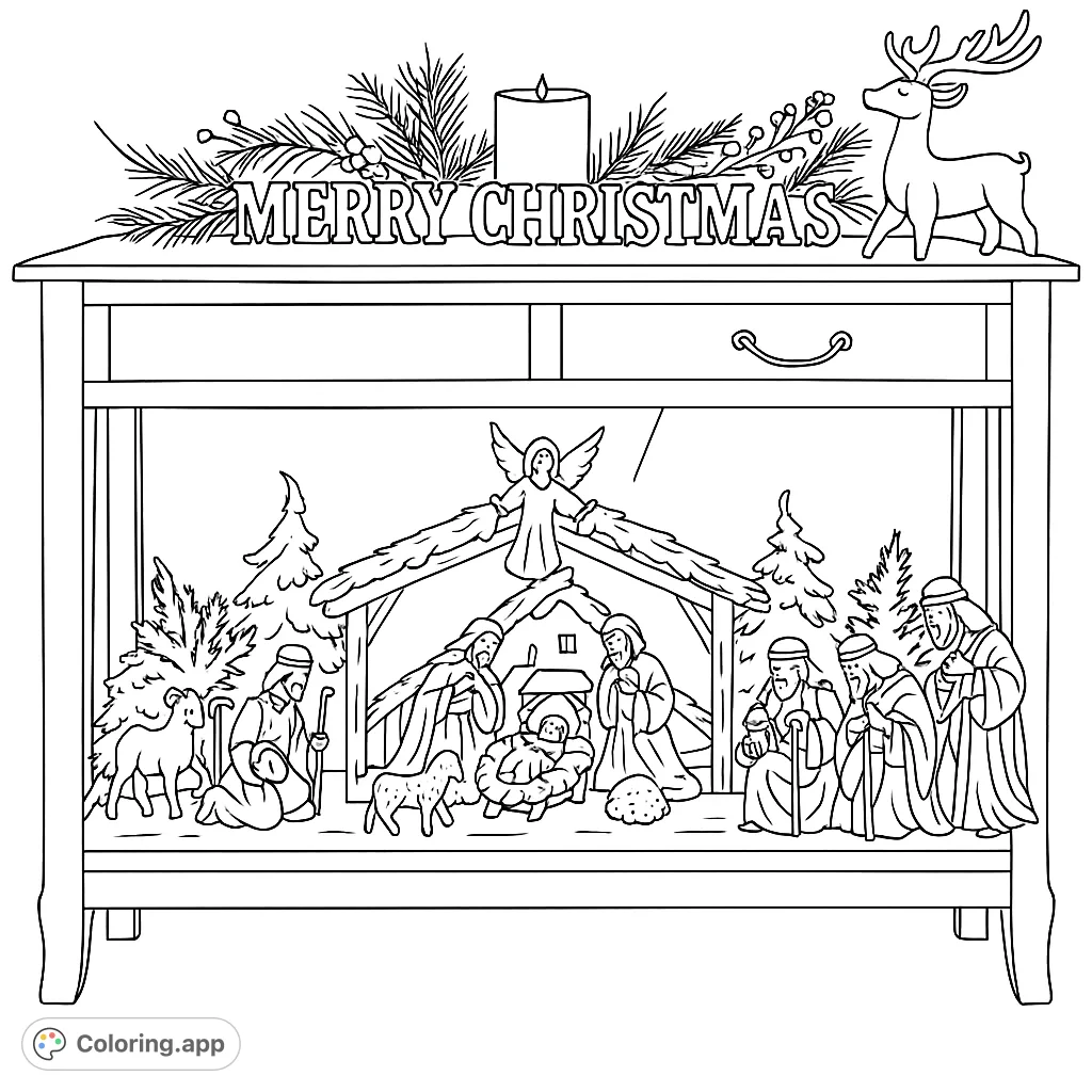 A detailed coloring page featuring a holiday console table with a festive garland, reindeer, and a classic nativity scene with Mary, Joseph, baby Jesus, shepherds, wise men, and animals.