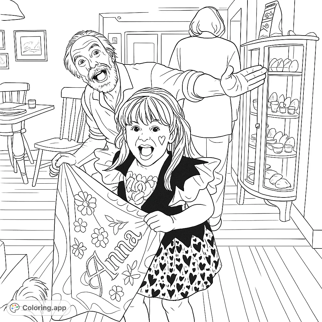 Capture a delightful family moment with a child in costume holding a patterned fabric, and an expressive adult nearby, all in a cozy home setting.