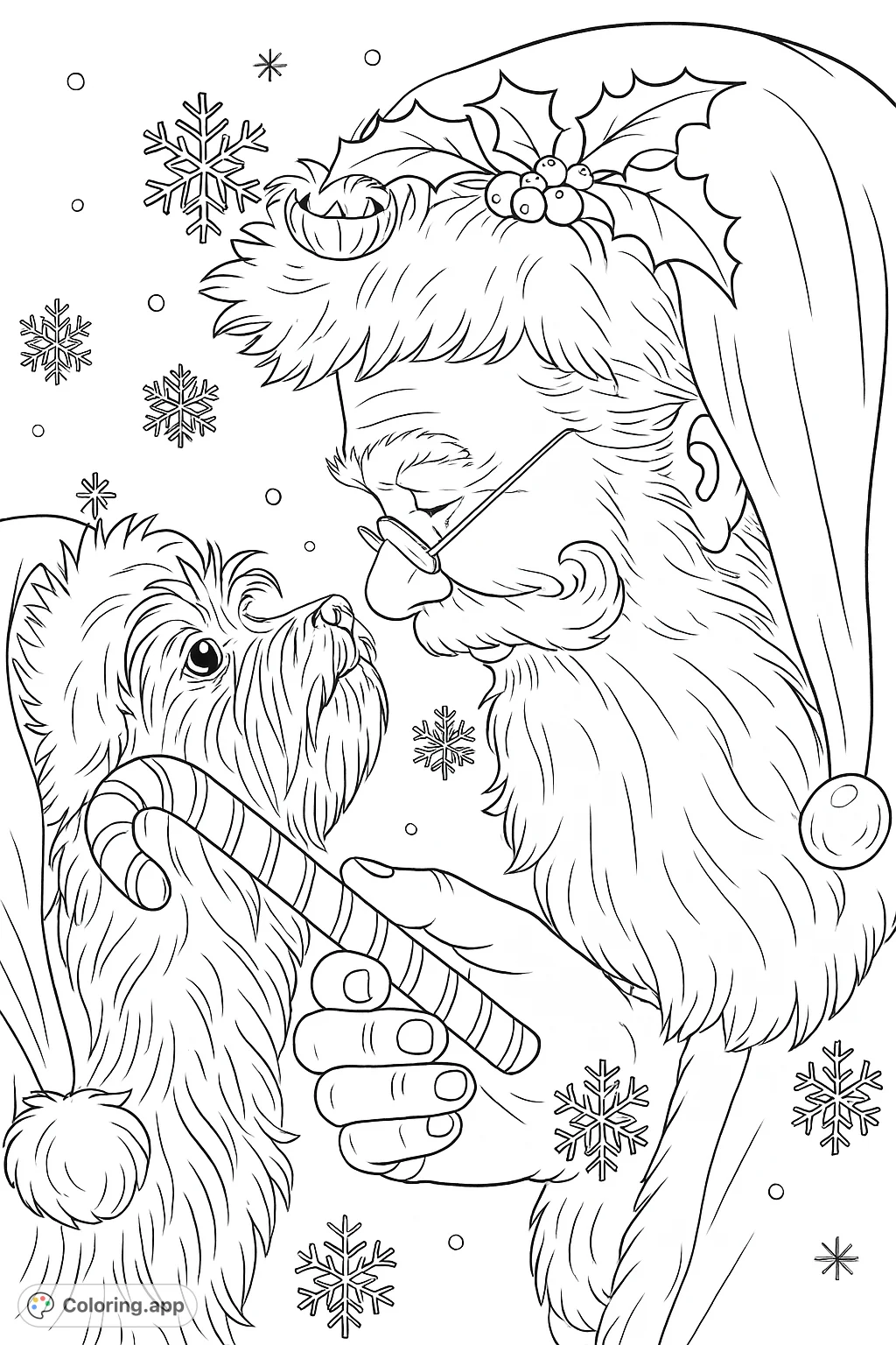 An endearing scene of Santa sharing a candy cane with a fluffy dog, set against a festive background with falling snowflakes. Perfect for holiday coloring fun.