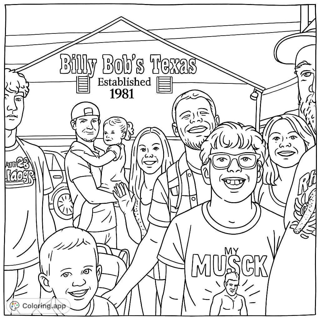 A lively group of family and friends gathers outside the iconic Billy Bob's Texas venue. Perfect for a fun coloring session.