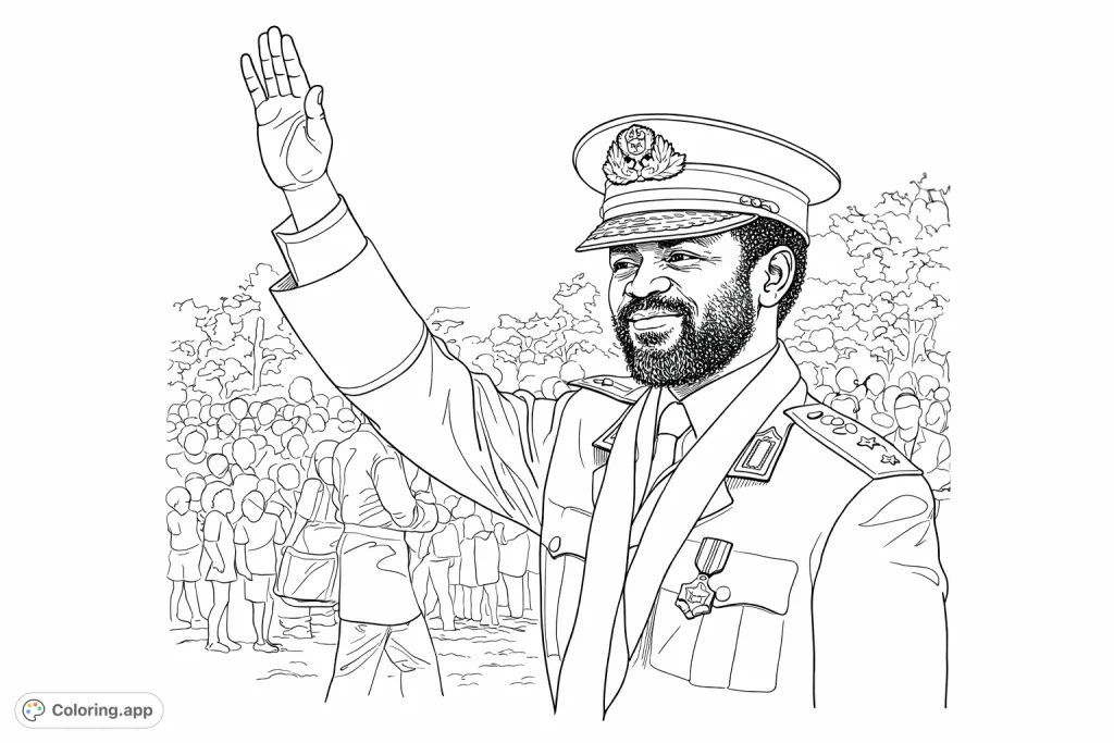 Color a distinguished military leader in a grand uniform, complete with medals and a decorative cap, as he greets a crowd with a warm smile.