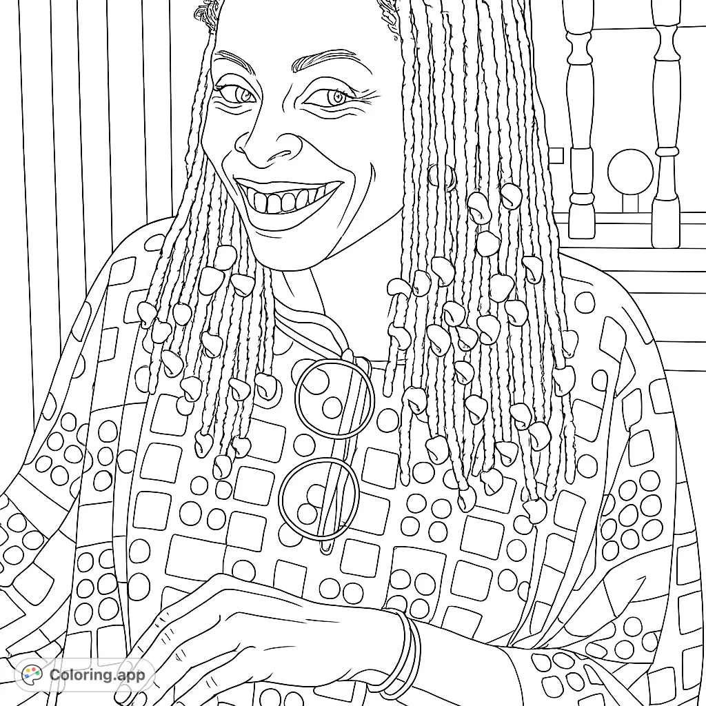 A detailed portrait of a smiling woman with intricate dreadlocks and patterned attire. A challenging and rewarding coloring page for expressive art.