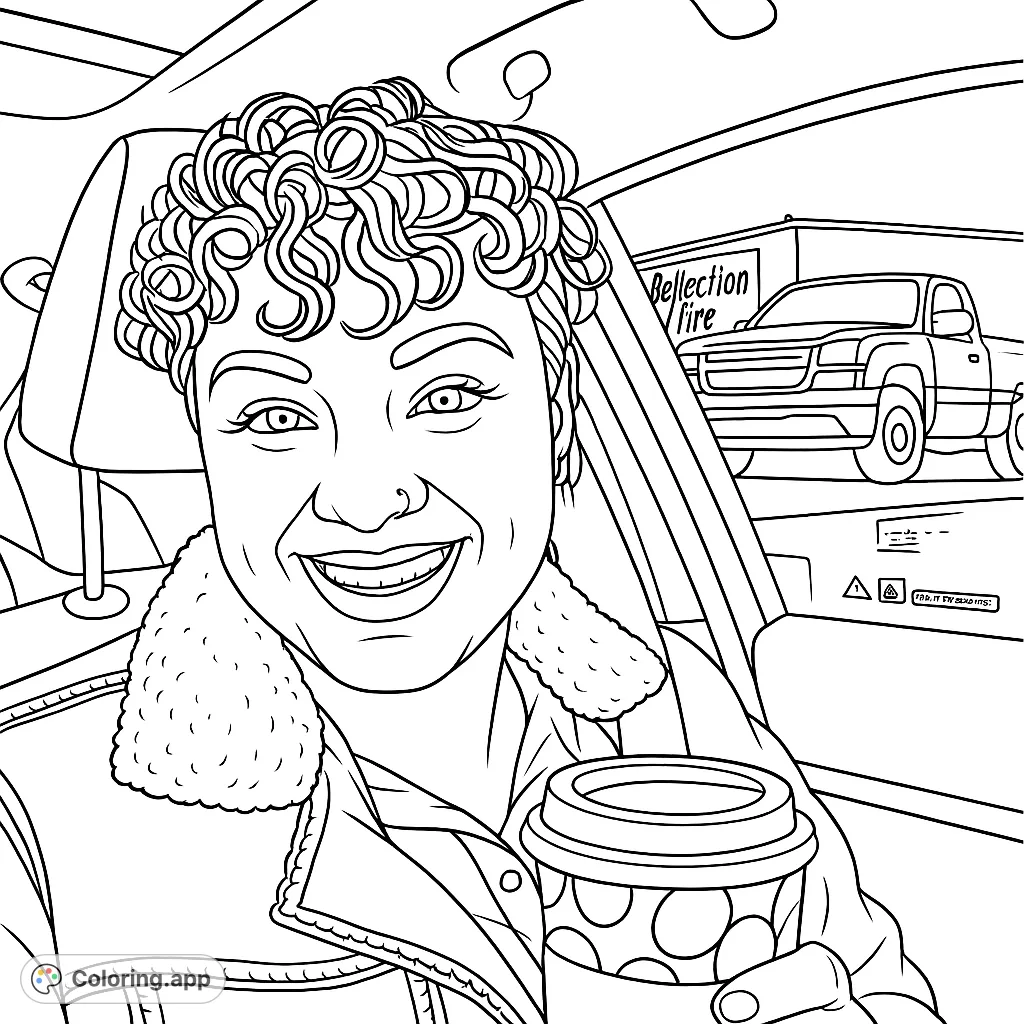 A cheerful driver with curly hair enjoys a moment with a patterned cup. This realistic portrait offers a fun coloring challenge for creative minds.