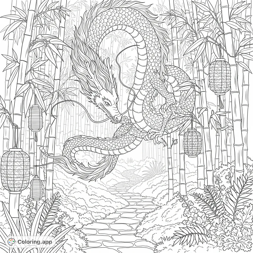Discover an ancient, wise dragon with flowing scales descending through a dense bamboo forest, adorned with ornate lanterns and a winding stone path. A mystical challenge.