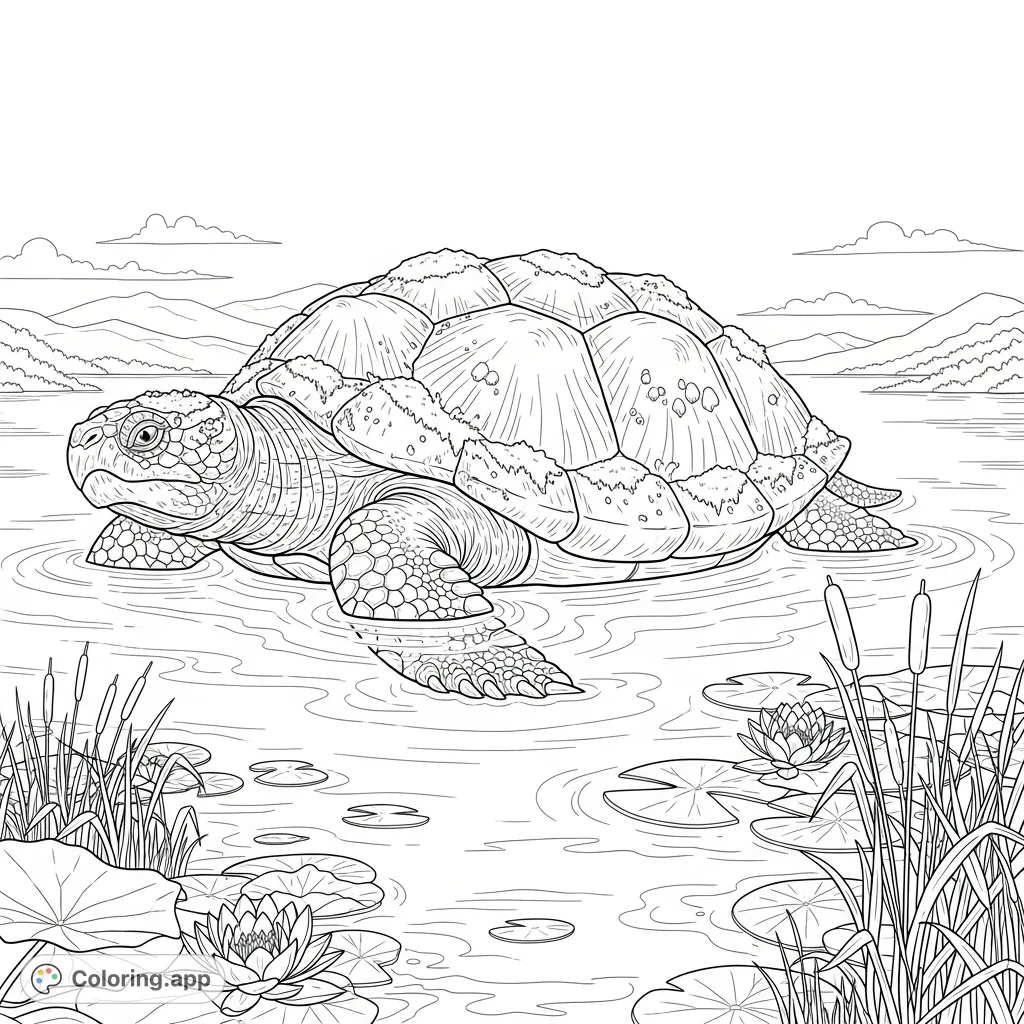 Discover a majestic Dragon Turtle coloring page. Its colossal, moss-covered shell rises from a tranquil lake amidst water lilies and distant misty hills.