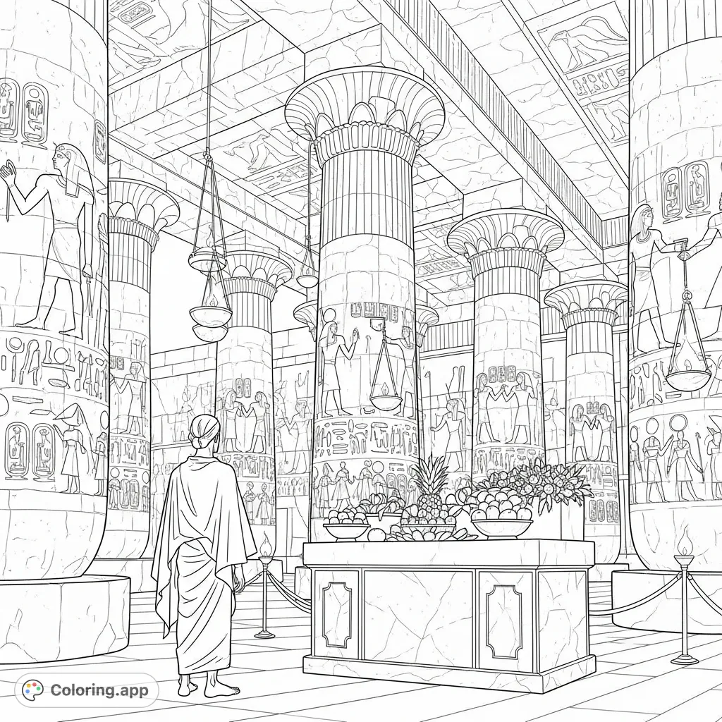 Step into an ancient temple chamber with towering carved columns, a solitary priest, and an altar of offerings. Discover intricate hieroglyphs and mythological narratives.