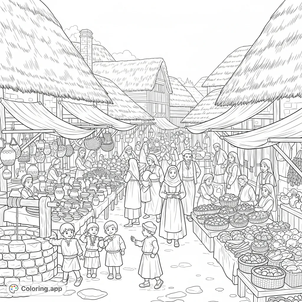Explore a lively ancient village market street, bustling with vendors, traditional attire, detailed stalls, and charming architectural textures. Free printable ancient village market coloring page for immersive creativity.
