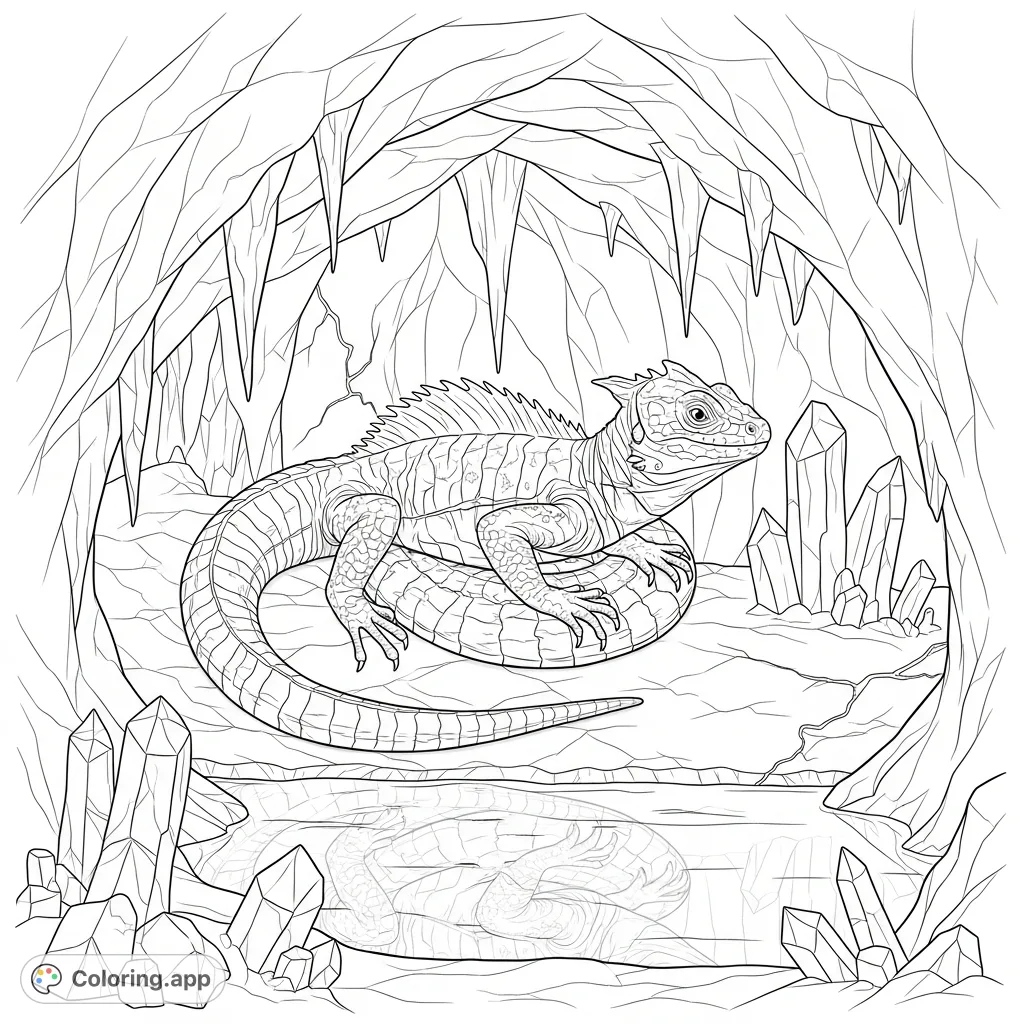 Explore a hidden crystal cavern where a powerful basilisk coils amidst gleaming stalagmites and stalactites, reflected in a still subterranean pool. An epic fantasy adventure awaits!