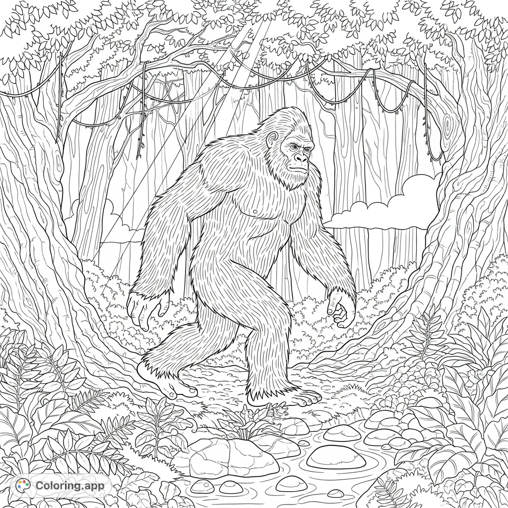 Discover a colossal Bigfoot in a primeval forest. This detailed coloring page features shaggy fur, ancient trees, intricate ferns, and swirling mist.