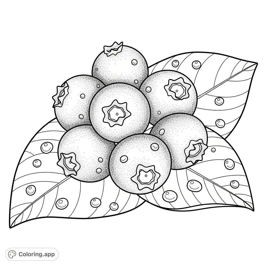 Discover a detailed blueberries coloring page. A cluster of fruit rests on a textured leaf, complete with water droplets and intricate vein patterns, perfect for a calming coloring experience.