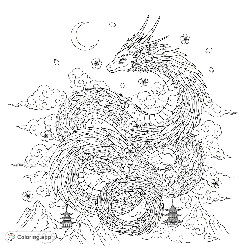 Color a majestic feathered serpent coiling among celestial clouds, gazing at a stylized moon above traditional rooftops and mountain peaks, with cherry blossoms.