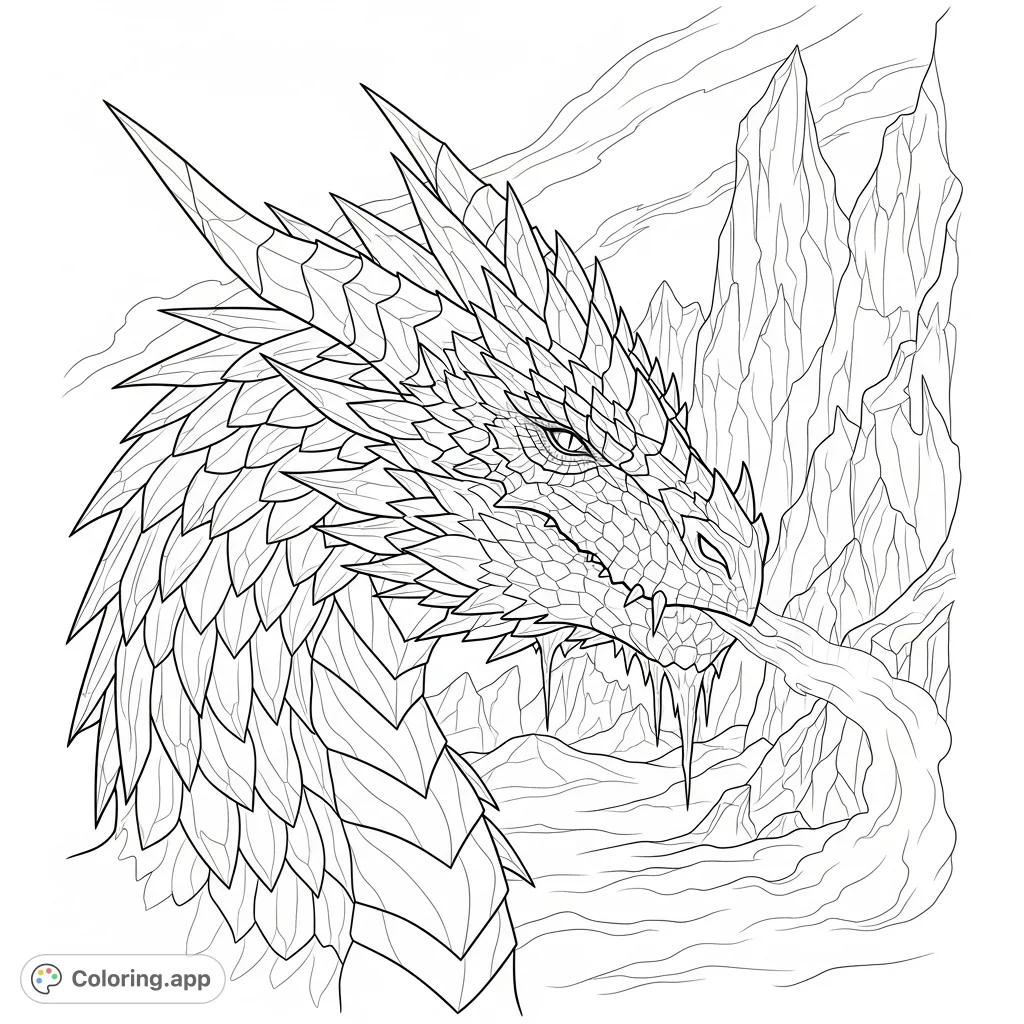 A majestic ice dragon with sharp crystalline scales, frosty breath, and icicles, set against jagged glaciers and a swirling blizzard. A dynamic fantasy scene.