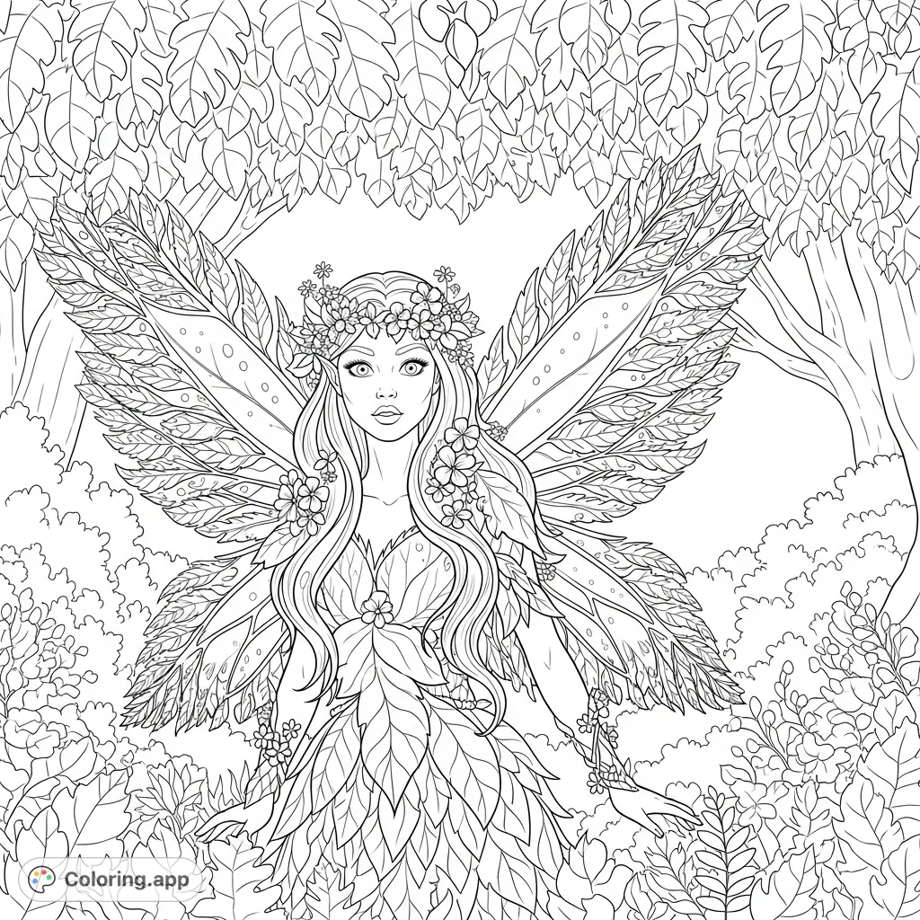 A curious forest fairy emerges from lush foliage, adorned with a leafy outfit and fern-like wings, creating a magical nature-themed coloring page.