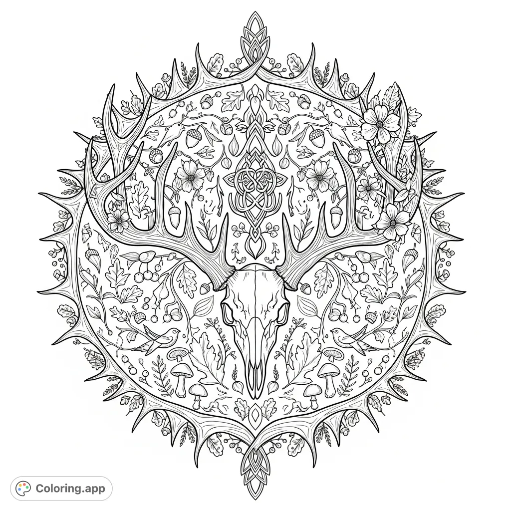 An intricate deer antler mandala with a central deer skull, surrounded by detailed branching antlers, woodland motifs, and Celtic knotwork. A challenging coloring page for nature lovers.