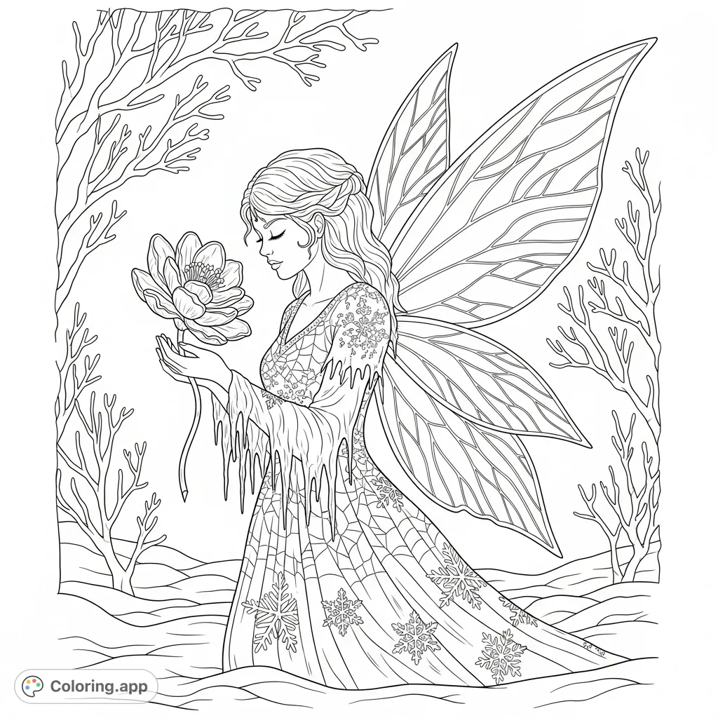 A serene frost fairy, her gown like frozen spiderwebs, cradles an ice blossom amidst hoarfrost and snowdrifts. A magical, delicate winter scene awaits your colors.
