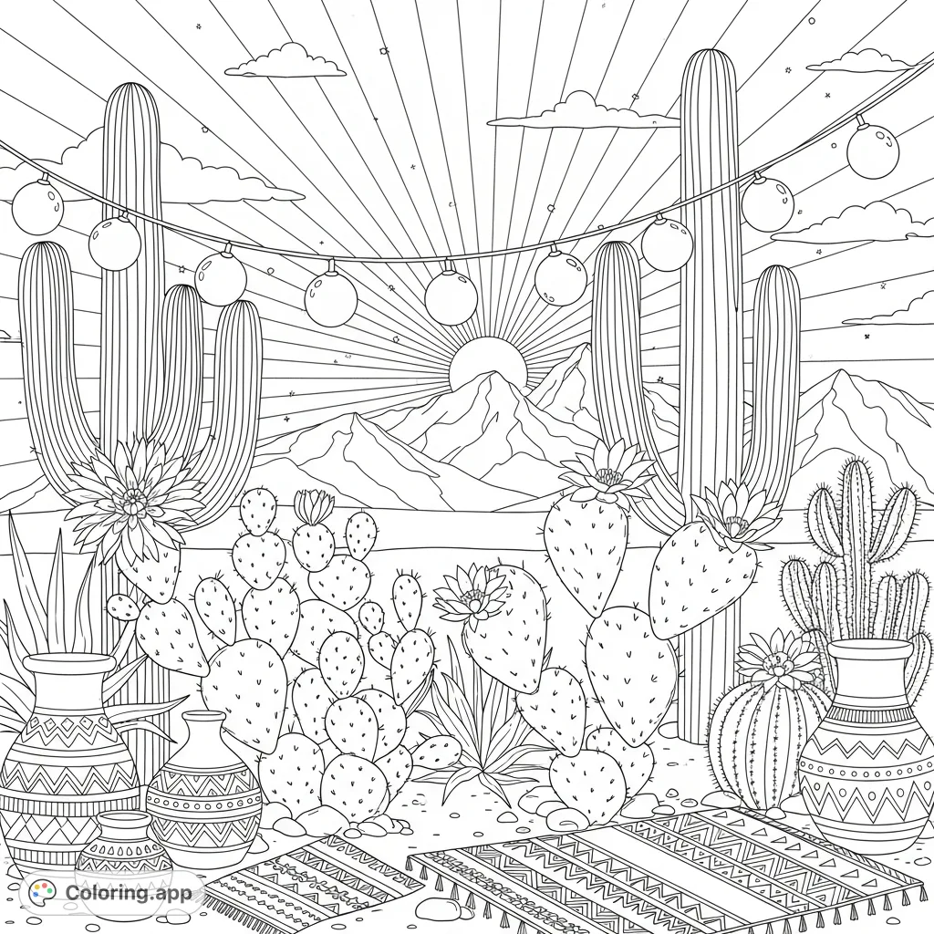 Explore a lively desert fiesta with saguaro and prickly pear cacti, string lights, distant mountains, and decorative pottery, perfect for a vibrant coloring adventure.