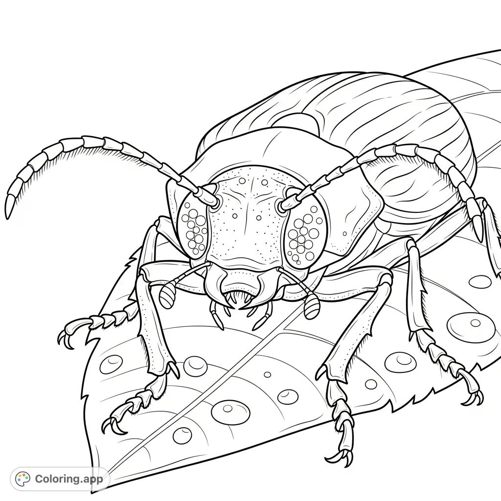 Explore the intricate world of insects with this detailed beetle coloring page, featuring compound eyes, segmented antennae, and a textured leaf backdrop.