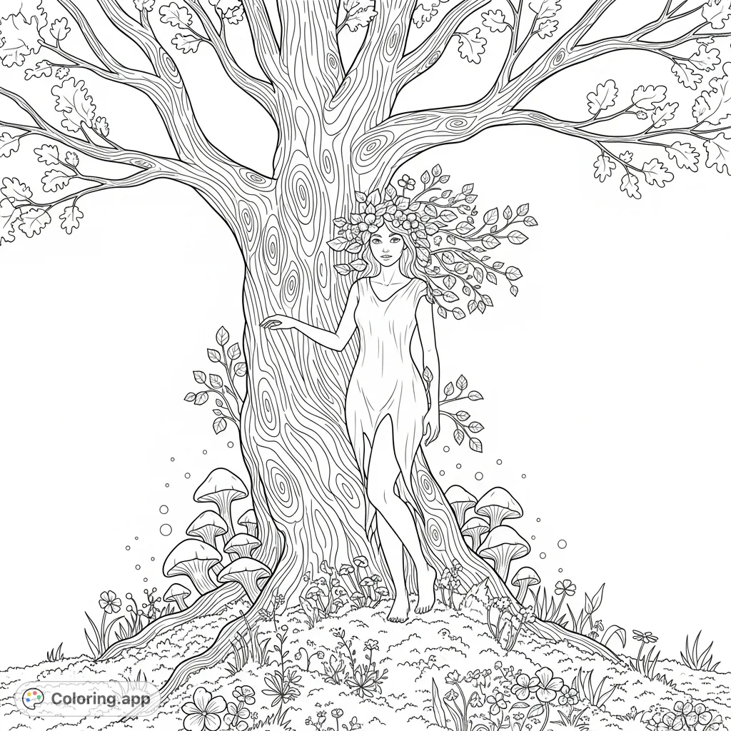 Immerse yourself in a mystical dryad coloring page. Features a graceful dryad merging with an ancient oak, surrounded by glowing fungi and intricate forest details.