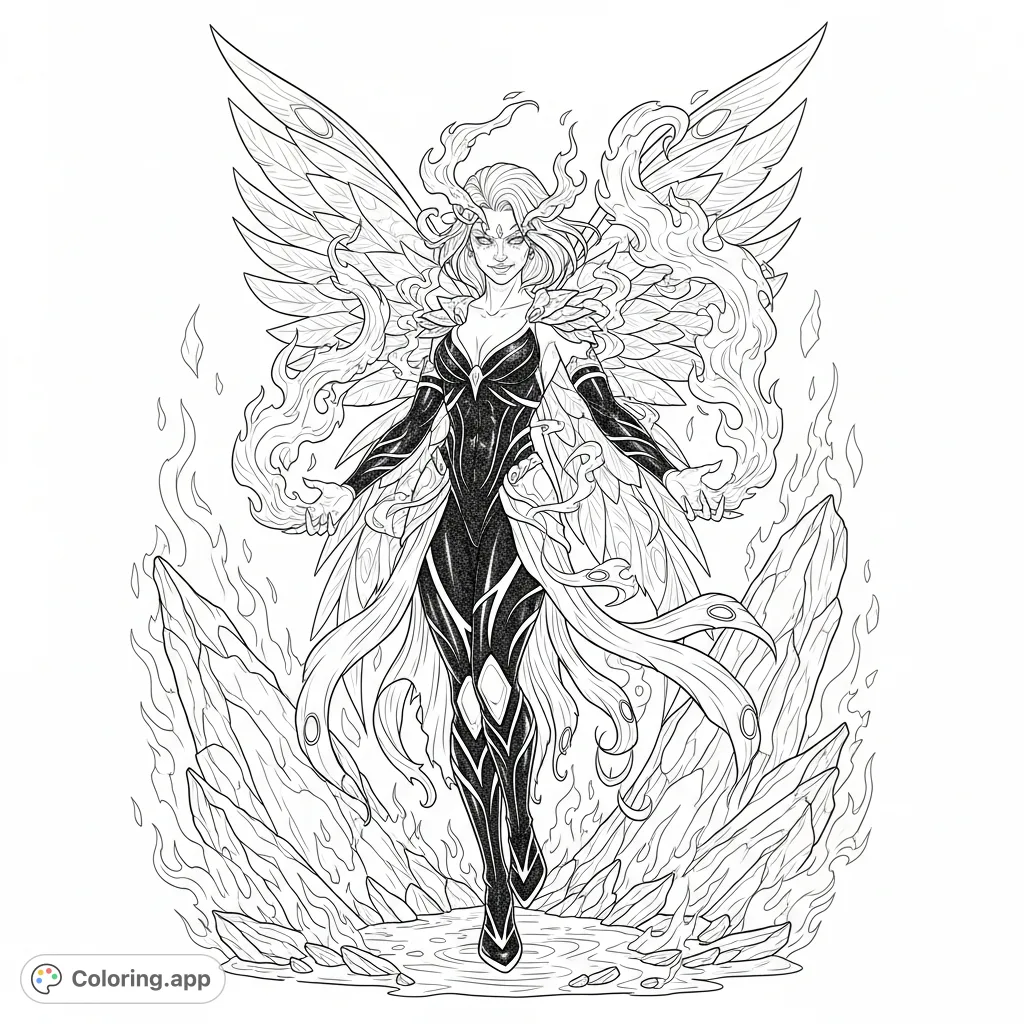 Unleash your creativity with a majestic fire fairy coloring page. Featuring intricate flame tendrils, phoenix wings, and a backdrop of jagged lava rocks.