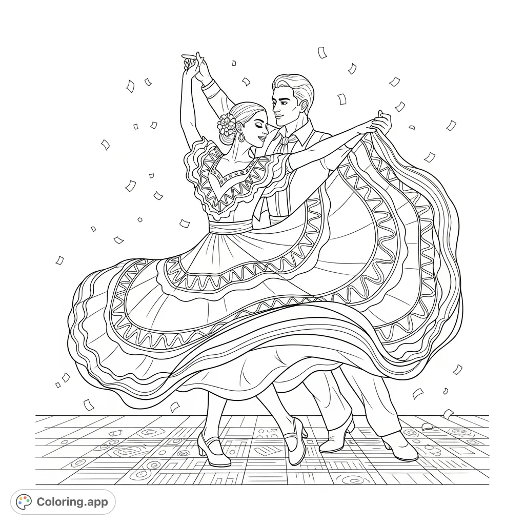 Capture the vibrant energy of Folklórico dance with this dynamic coloring page. A couple in traditional attire, the woman's ruffled dress swirling with intricate patterns.
