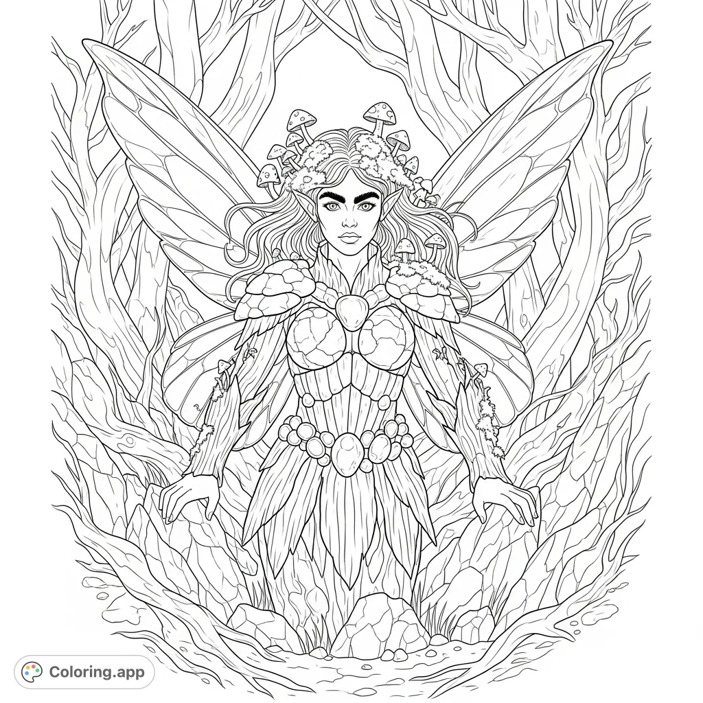 Discover a powerful earth fairy emerging from ancient roots, adorned with bark and stones, featuring beetle-like wings and mossy hair. A majestic fantasy coloring page.