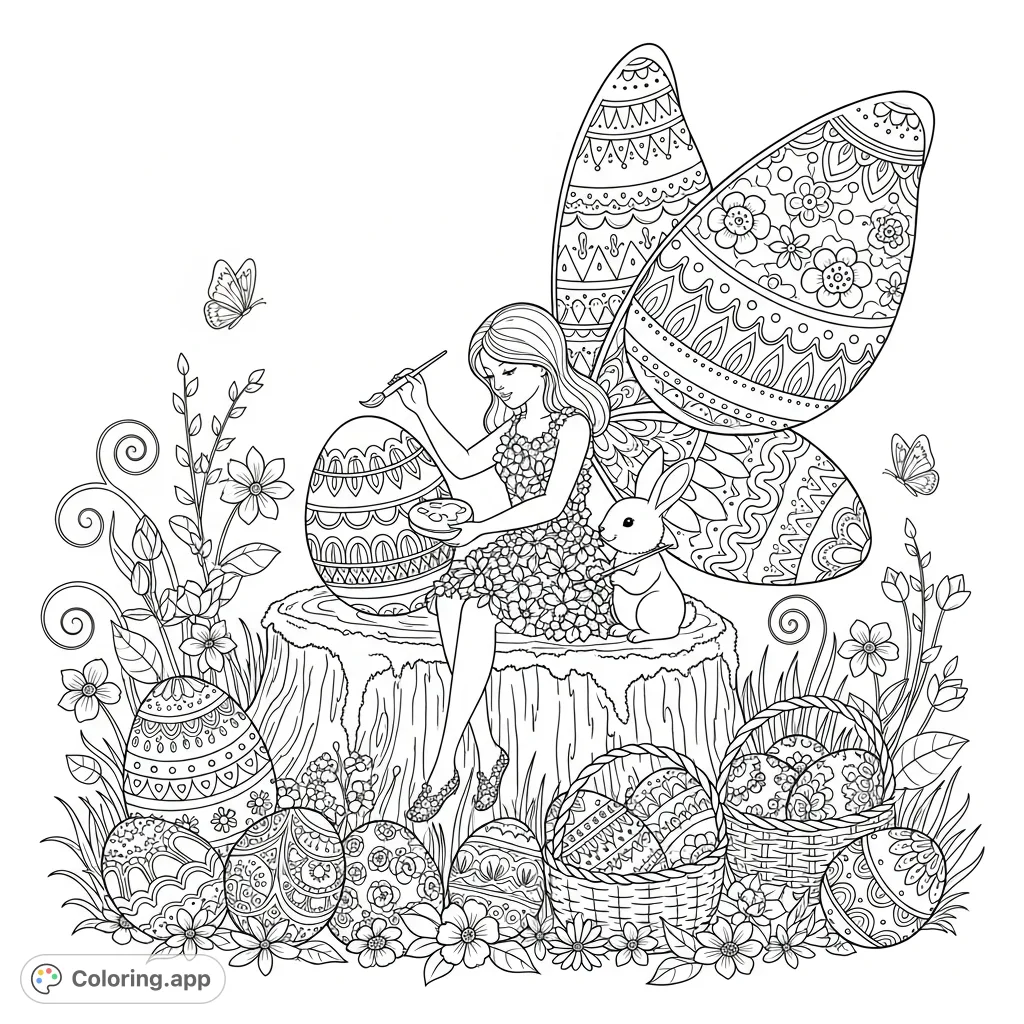 A delightful Easter fairy, with ornate egg-shaped wings, paints intricately patterned eggs alongside a bunny in a vibrant spring setting. Perfect for detailed coloring!