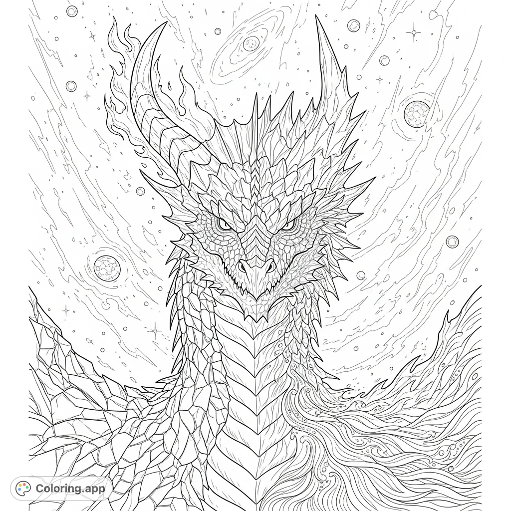 Unleash your creativity with this elemental dragon coloring page! Featuring flame, ice, rock, and water textures, set against a cosmic backdrop.